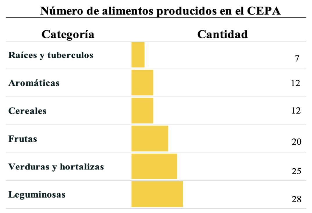Categorías y cantidad de alimentos producidos en el CEPA en el periodo 2015-2017
